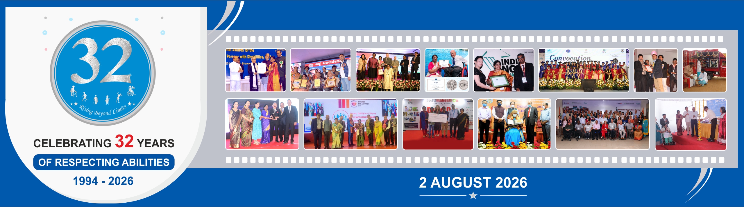 Mobility India 32nd Anniversary celebration banner — 32 years of disability rehabilitation, elderly care and Respecting Abilities — August 2 2026